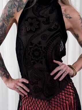 Romwe Black Mesh Fringe Halter Top Open Back Floral Party Festival Large